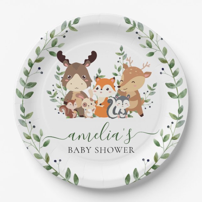 Woodland Greenery Animals Baby Shower 1st Birthday Paper Plate (Front)