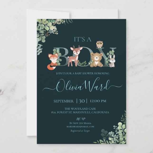 Woodland Greenery Baby Shower Boy Invitation (Front)