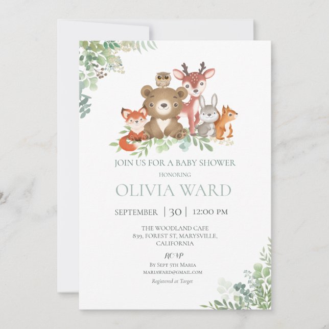 Woodland Greenery Baby Shower  Invitation (Front)