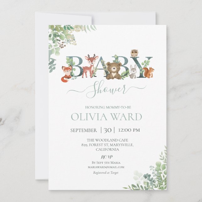 Woodland Greenery Baby Shower  Invitation (Front)