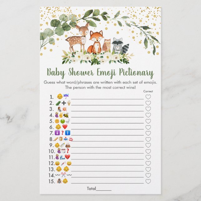 Woodland Greenery Emoji Pictionary Shower Game (Front)