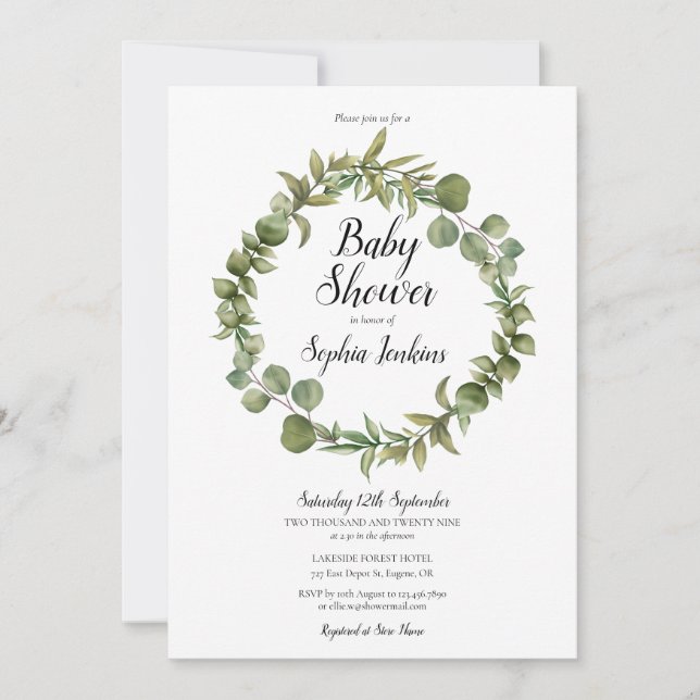 Woodland Greenery Eucalyptus Script Baby Shower Invitation (Front)