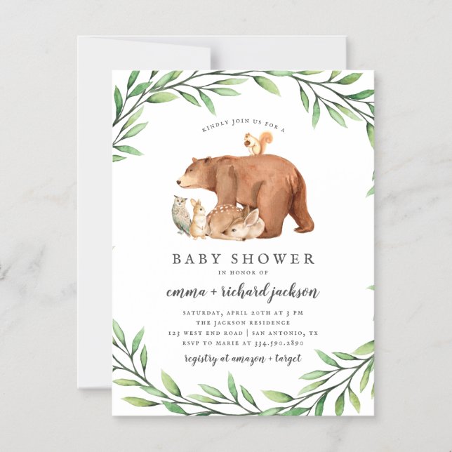 Woodland Greenery Forest Animals Baby Shower Magnetic Invitation (Front)