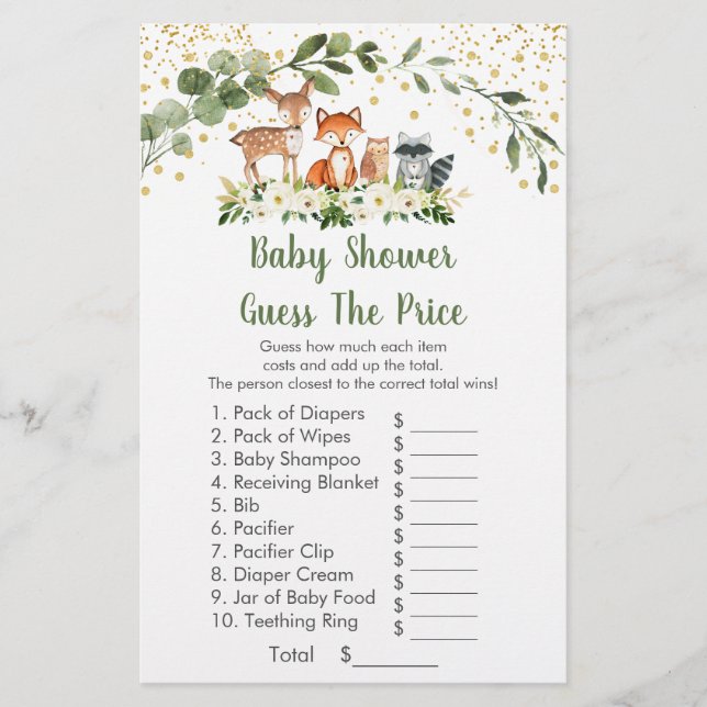 Woodland Greenery Guess The Price Baby Shower Game (Front)