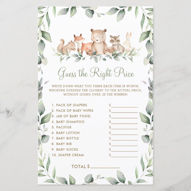 Woodland Greenery Guess the Right Price Baby Game (Front)