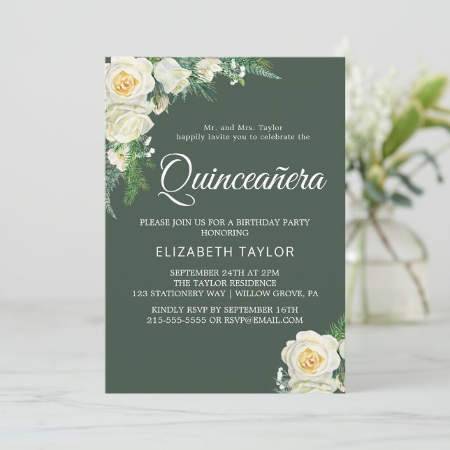 Woodland Greenery Hunter Green Quinceañera  Invitation (Standing Front)