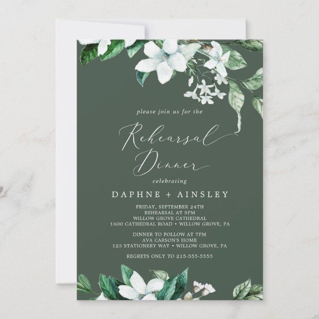 Woodland Greenery | Hunter Green Rehearsal Dinner Invitation (Front)