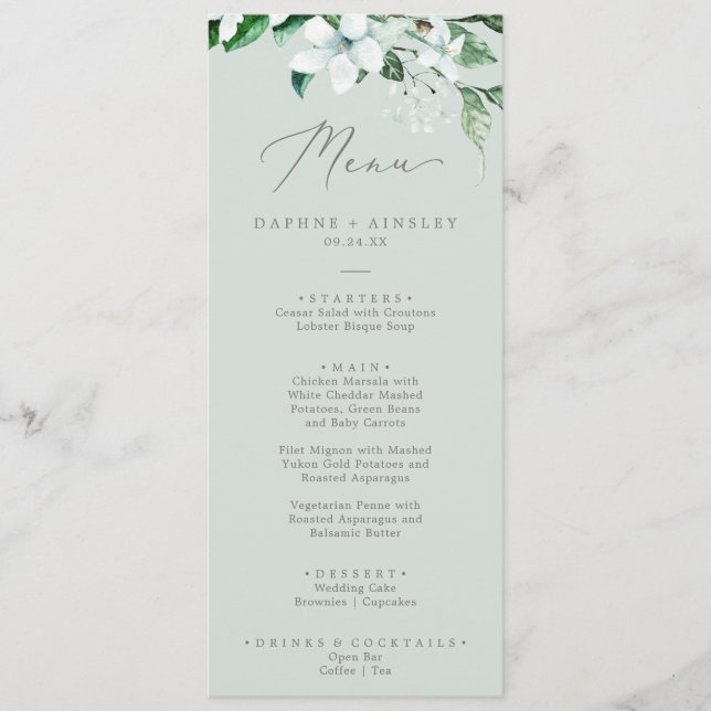 Woodland Greenery | Mint Green Wedding Dinner Menu (Front)