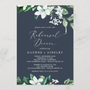 Woodland Greenery Navy Blue Rehearsal Dinner Invitation