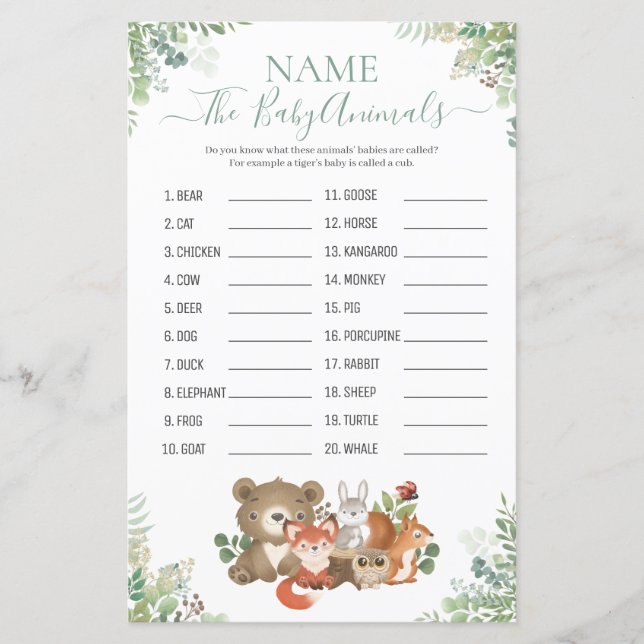 Woodland Greenery Shower Baby Animal Name Game (Front)