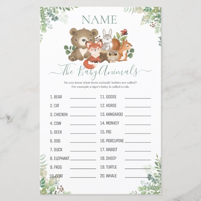 Woodland Greenery Shower Baby Animal Name Game (Front)