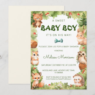 Woodland Greenery Sweet Baby Boy Shower Invitation