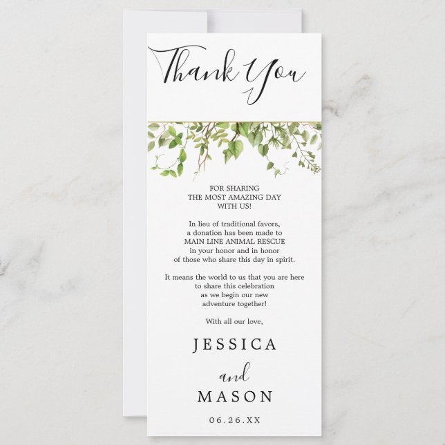 Woodland Greenery Wedding Menu and Thank You Invitation (Back)