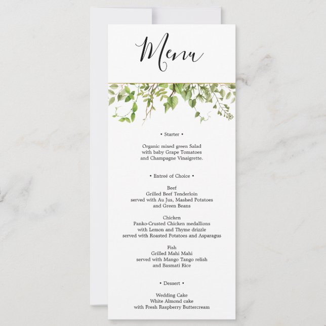 Woodland Greenery Wedding Menu or Bridal Shower Invitation (Front)