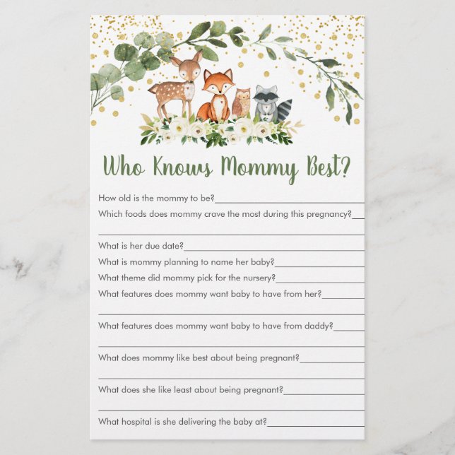 Woodland Greenery Who Knows Mummy Best Game (Front)