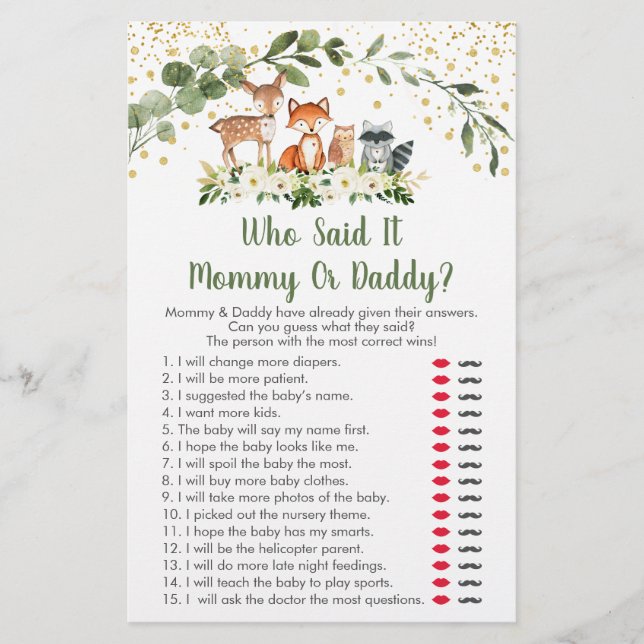 Woodland Greenery Who Said It Baby Shower Game (Front)