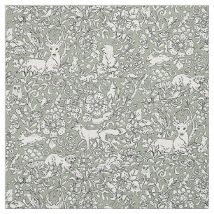 Woodland Grey Green Animal Pattern Deer Fox Rabbit Fabric