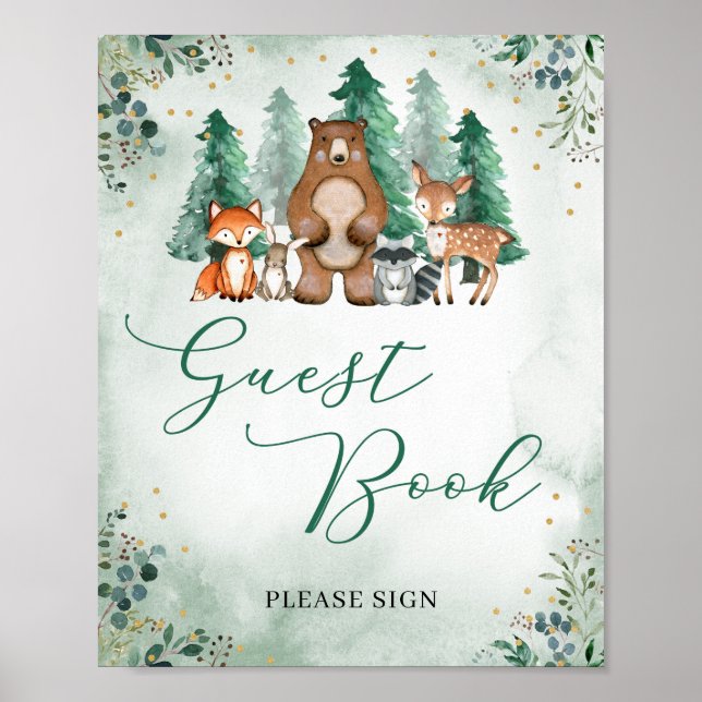 Woodland guest book sign forest animals greenery (Front)