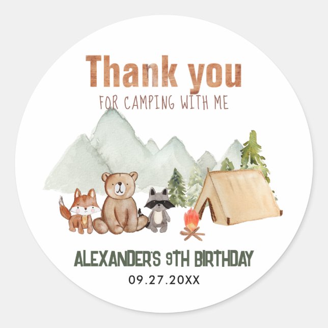Woodland Happy Camper Camping Birthday Thank You Classic Round Sticker (Front)