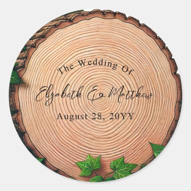 Woodland Harmony: Woodslice & Greenery Wedding Classic Round Sticker (Front)