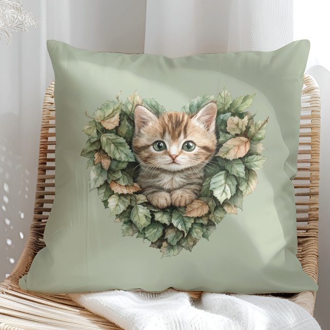 Woodland Heart Kitty - Cosy Fall Cushion (Woodland Heart Kitty - Cozy Fall Throw Pillow in a sunny boho rattan chair.)