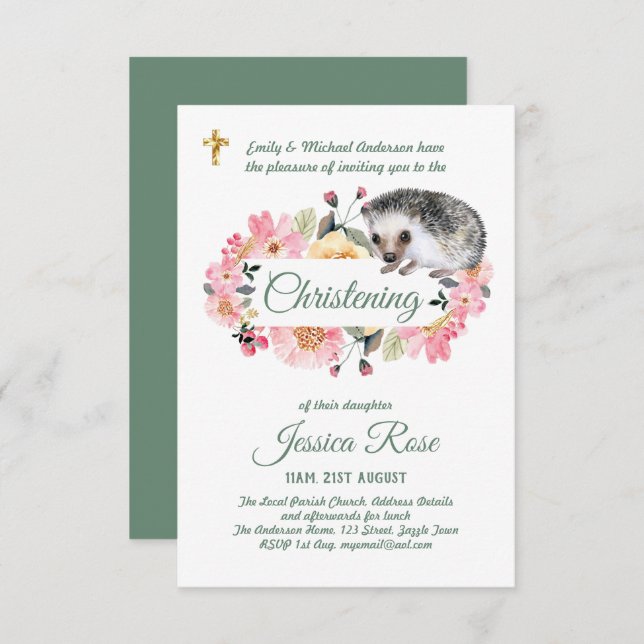 Woodland Hedgehog Christening Invites Baptism  (Front/Back)