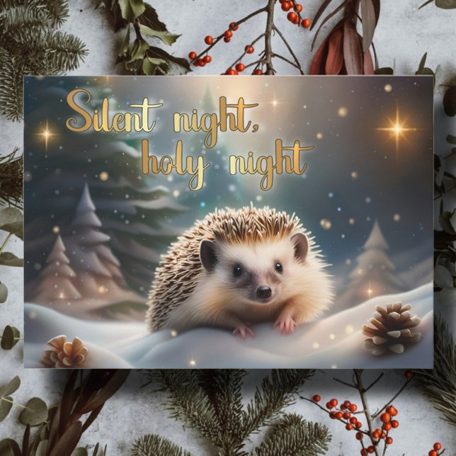 Woodland Hedgehog Silent Night Christian Christmas Holiday Card (Creator Uploaded)