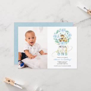 Woodland He's A Wild One Photo First Birthday  Inv Invitation