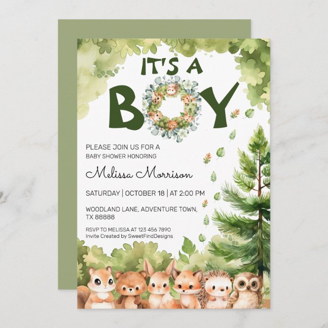 Woodland It's A Boy Forest Animals Baby Boy Shower Invitation (Front/Back)