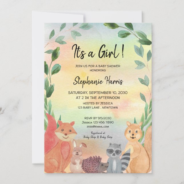 Woodland It's A Girl Forest Friends Baby Shower Invitation (Front)