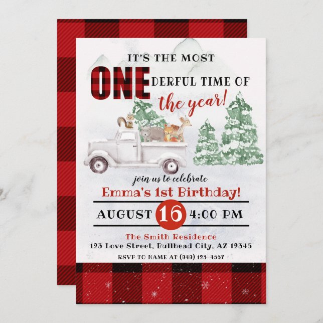 Woodland It's the most ONEderful time 1st Birthday Invitation (Front/Back)