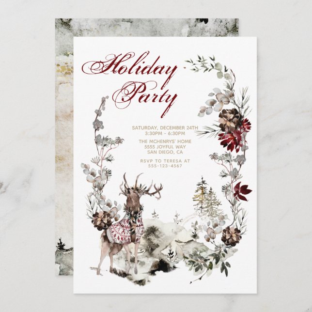 Woodland Joy Christmas Deer Floral Holiday Party Invitation (Front/Back)