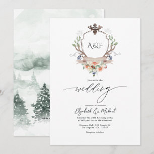 Woodland Laurel Crest Monogram QR Code Wedding Invitation