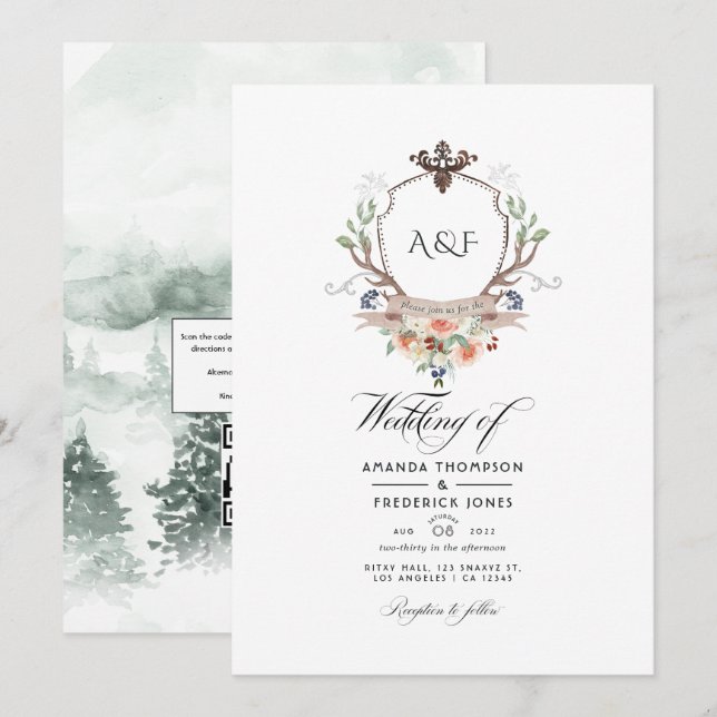 Woodland Laurel Crest Monogram QR Code Wedding Invitation (Front/Back)