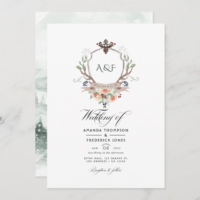 Woodland Laurel Crest Monogram Wedding Photo Invitation (Front/Back)