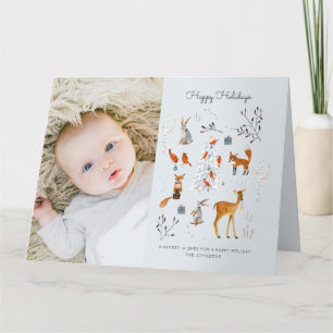 Woodland light blue Christmas Tree and animals Card