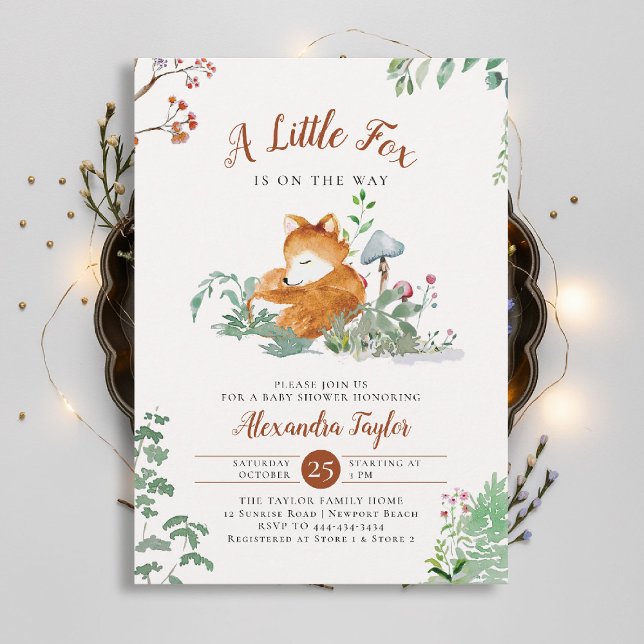Woodland Little Fox Mushrooms Greenery Baby Shower Invitation (woodland baby shower invitation enchanted woods forest little fox mushrooms wildflowers earthy magic)