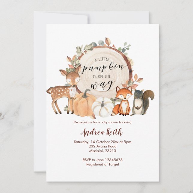 Woodland Little Pumpkin is on the Way Baby Shower  Invitation (Front)