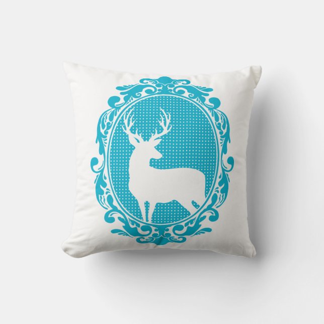 Woodland Magic Deer Silhouette & Blue Scroll Frame Cushion (Front)