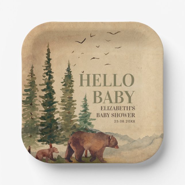 Woodland Mama Bear & Cub Baby Shower Paper Plate (Front)