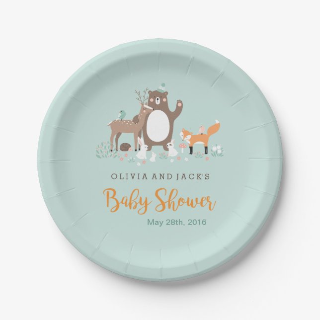 Woodland Mint and Orange Baby Shower Paper Plate (Front)
