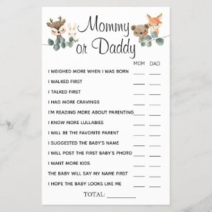 Woodland Mommy or Daddy He said She Said game card