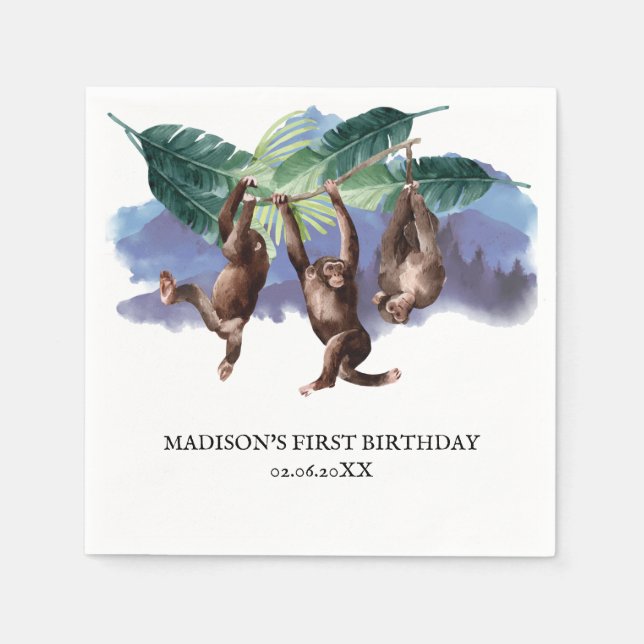 Woodland Monkey Birthday Personalised Napkin (Front)