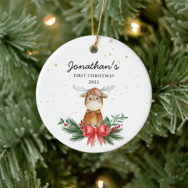 Woodland Moose Baby's First Christmas Ceramic Tree Decoration (Tree)
