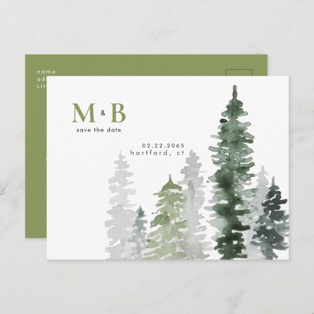 Woodland Moss Green Monogram Save the Date  Postcard (Front/Back)