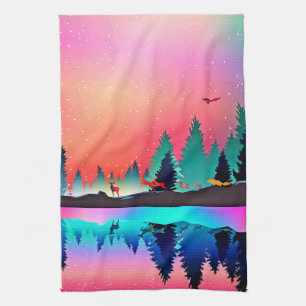 Woodland mountain aurora animals Tea Towel