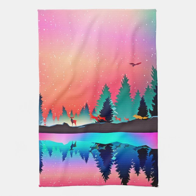  Woodland mountain aurora animals  Tea Towel (Vertical)
