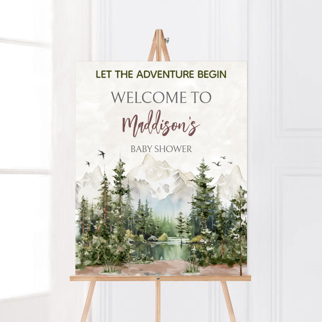 Woodland Mountain Baby Shower Welcome Poster (Let The Adventure Begin Baby Shower Welcome Sign )