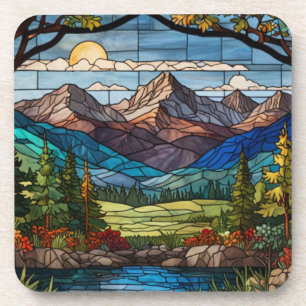Woodland mountain scene vintage stain glass coaster