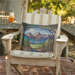 Woodland mountain scene vintage stain glass cushion